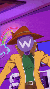a cartoon character with a hat and a letter w on his face