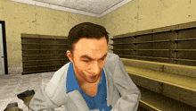 a man in a white coat and blue shirt is standing in front of empty shelves in a store