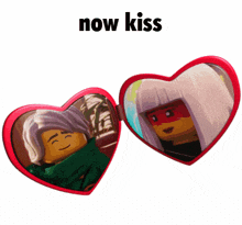 a heart shaped mirror with a picture of a man and woman and the words now kiss below it