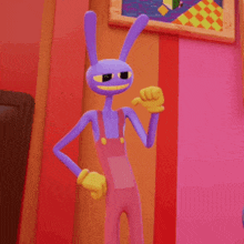 a purple cartoon character wearing pink overalls stands in front of a pink wall