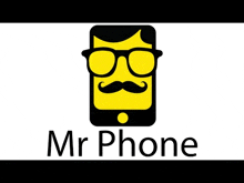 a logo for mr phone shows a phone with a mustache and glasses