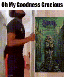 a man is standing in front of a poster that says oh my goodness gracious ..