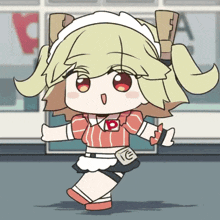 a cartoon drawing of a girl in a maid outfit with the letter p on her shirt