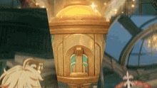 a cartoon drawing of a gold object with a green window