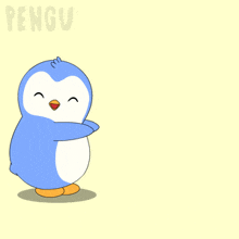 a cartoon penguin is standing on a yellow background with the word pengu on it