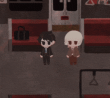 two cartoon characters are standing next to each other in a dark room