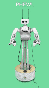 a robot with the word phew written on it