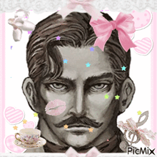 a man with a mustache has a pink bow on his head and a cup on a saucer