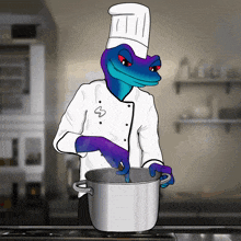 a cartoon of a lizard wearing a chef 's hat cooking in a pot