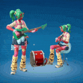 a girl playing a guitar and another girl playing a drum