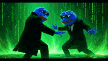 two blue frogs are standing next to each other in a green room
