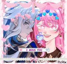 a picture of a boy and a girl with hearts and the words i miss you above them