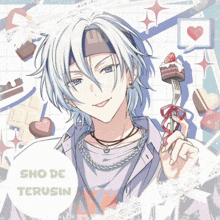 a boy with white hair is holding a piece of cake on a fork and the word sho de terusin is on the bottom right