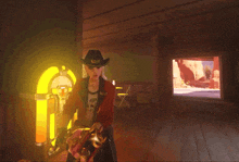 a woman in a cowboy outfit holds a gun in front of a jukebox