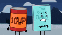 a can of soup standing next to a book titled the object times