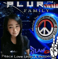 a picture of a girl with a peace sign and the words " peace love unity respect "