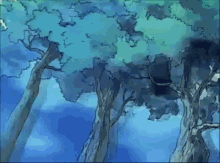 a cartoon drawing of a forest with trees in the foreground and a blue sky in the background