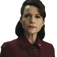 a woman wearing a maroon jacket with an american flag on the collar