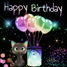 a happy birthday card with a cat and balloons in a jar