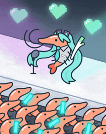 a cartoon drawing of a shrimp singing into a microphone with hearts behind her