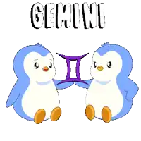 a couple of penguins holding a purple symbol that says gemini