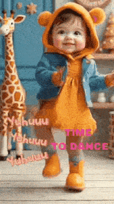 a baby in a bear costume is dancing in front of a giraffe .