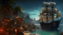 a painting of a pirate ship in a harbor