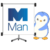 a penguin standing next to a sign that says m man
