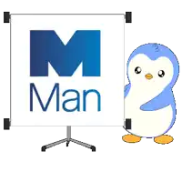 a penguin standing next to a sign that says m man