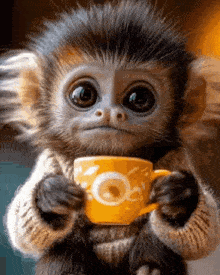 a baby monkey is holding a cup of coffee .