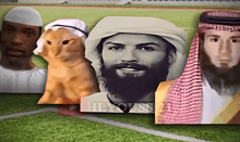 a man with a beard is surrounded by a cat and a man in a white hat