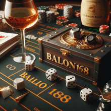 a wooden box that says balon168 sits on a table with dice and a glass of wine