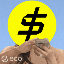 a woman is holding a stack of money in front of a dollar sign