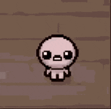 a pixel art drawing of a cartoon character with a bow tie and a smiley face .
