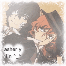 a picture of two anime characters with the words " asher y lin " on the bottom right