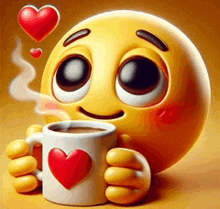 a smiley face is holding a mug of coffee with a heart on it .