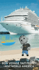 a cartoon character is standing on a beach in front of a cruise ship