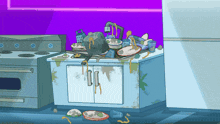 a cartoon illustration of a messy kitchen with a stove and oven