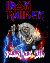 a poster for iron maiden friday the 13th with a skeleton on it