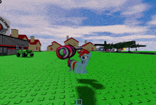 a cartoon pony is holding a rainbow colored ring in front of a building that says ' altpark ' on it