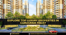 an advertisement for gurugram shows cars parked in front of a building