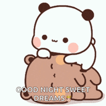 a panda bear is sitting on top of a brown bear with the words good night sweet dreams written on the bottom