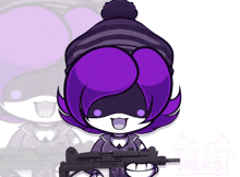 a cartoon character with purple hair is holding a gun and wearing a purple hat