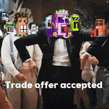 a man in a tuxedo is dancing in front of a group of people with the words trade offer accepted written below him