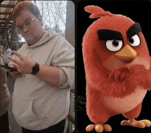 a man in a hoodie next to a picture of a red angry bird