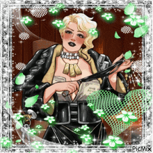 a picture of a woman holding a whip and a book with the word picmix at the bottom