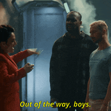 a man in a blue shirt says out of the way boys in yellow