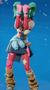 a woman in a red skirt is standing in front of a door with the number 69 written on it