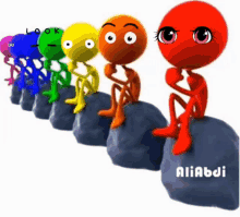 a row of colorful stick figures are sitting on rocks and one of them has the word look on their face