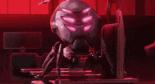 a robot is sitting on a chair in a dark room with a red light behind it .